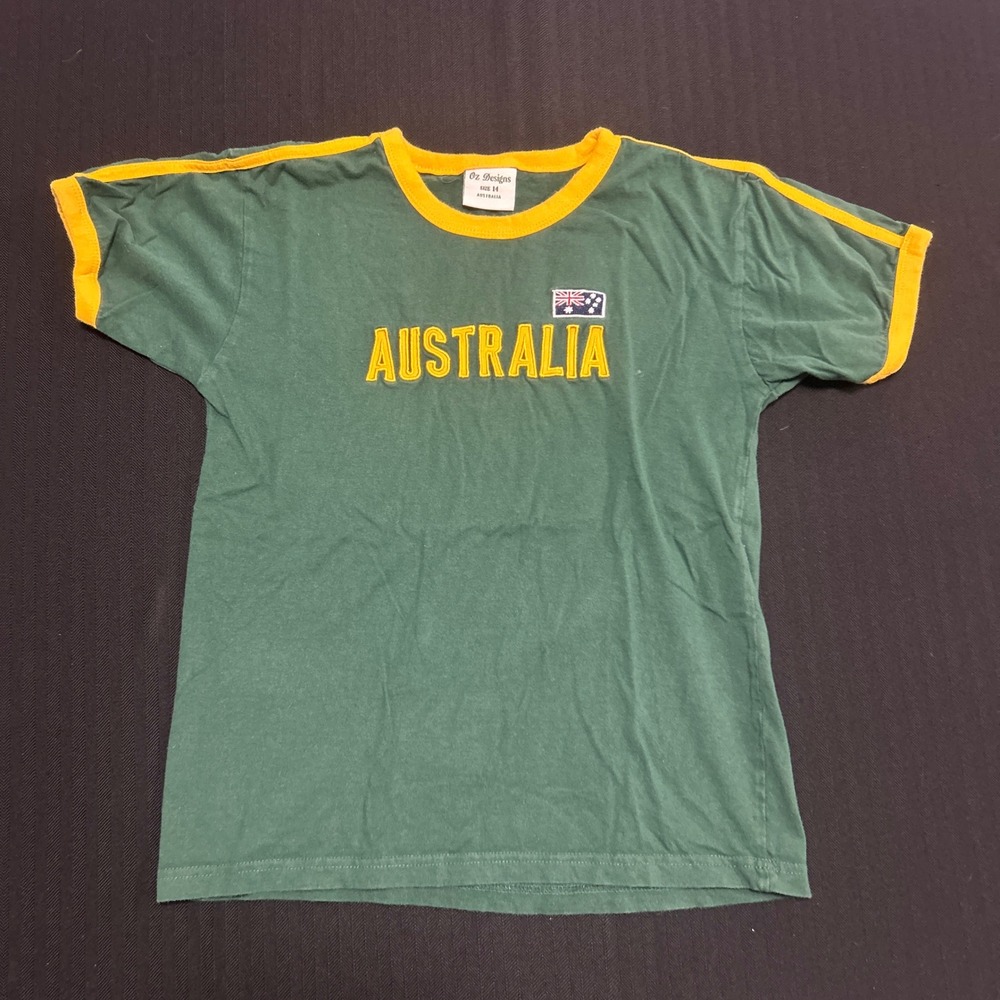 Oz Designs Australia Kids Ringer T-Shirt Size 14 Green Yellow Vintage Style